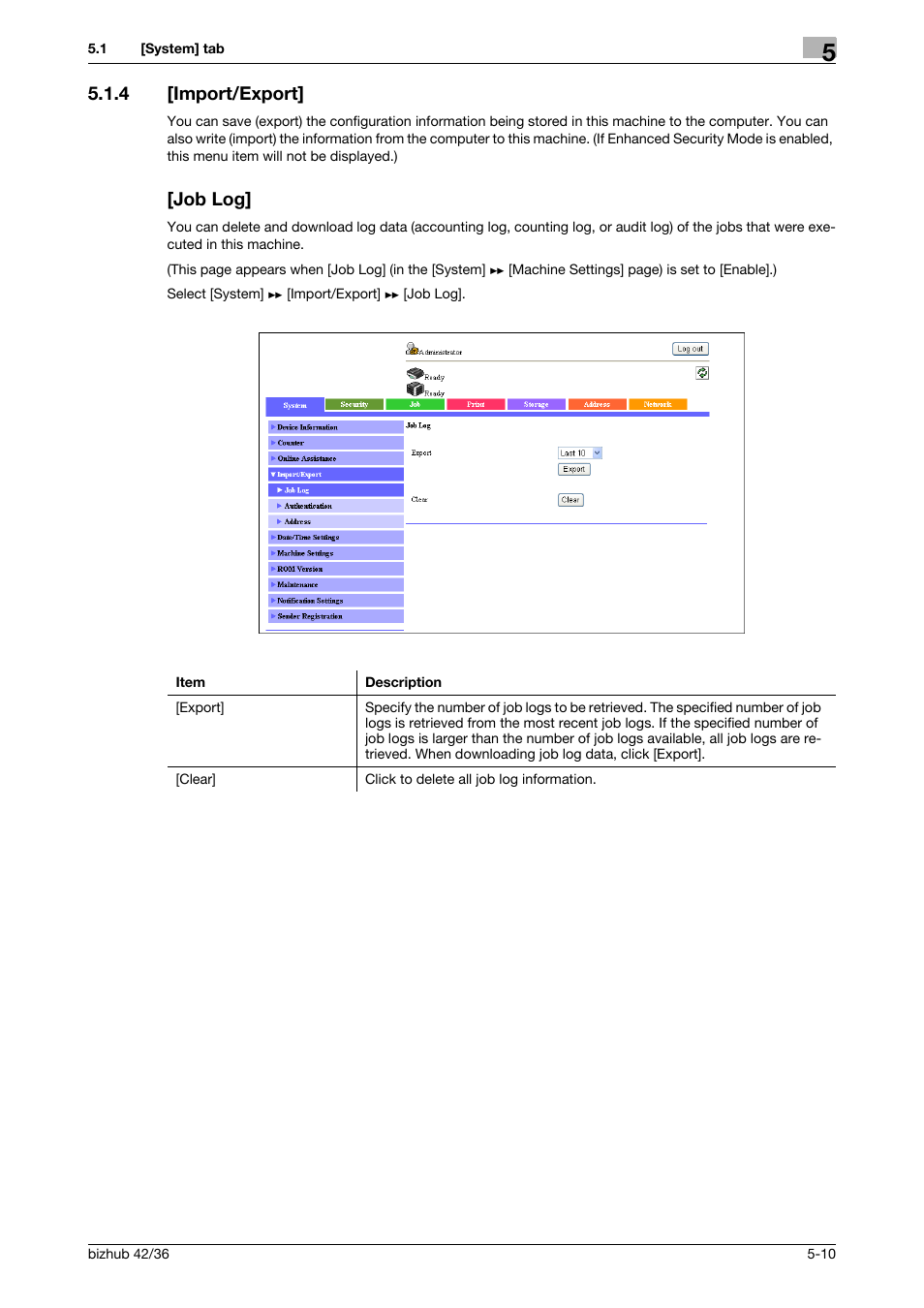 4 [import/export, Job log, Import/export] -10 [job log] -10 | Konica Minolta bizhub 42 User Manual | Page 98 / 284