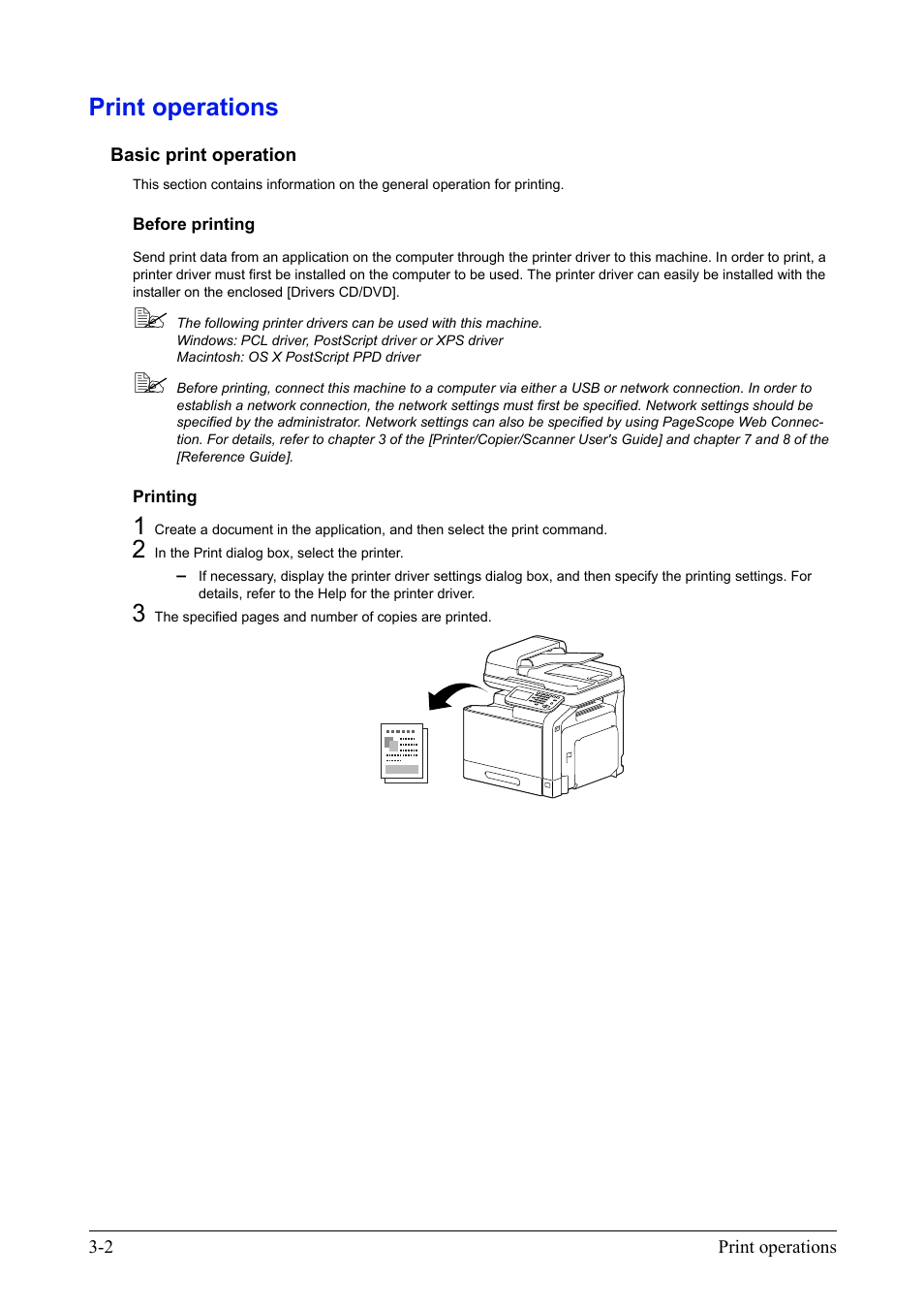 Print operations, Basic print operation, Before printing | Printing, Print operations -2, Basic print operation -2, Before printing -2 printing -2 | Konica Minolta bizhub C35 User Manual | Page 18 / 42