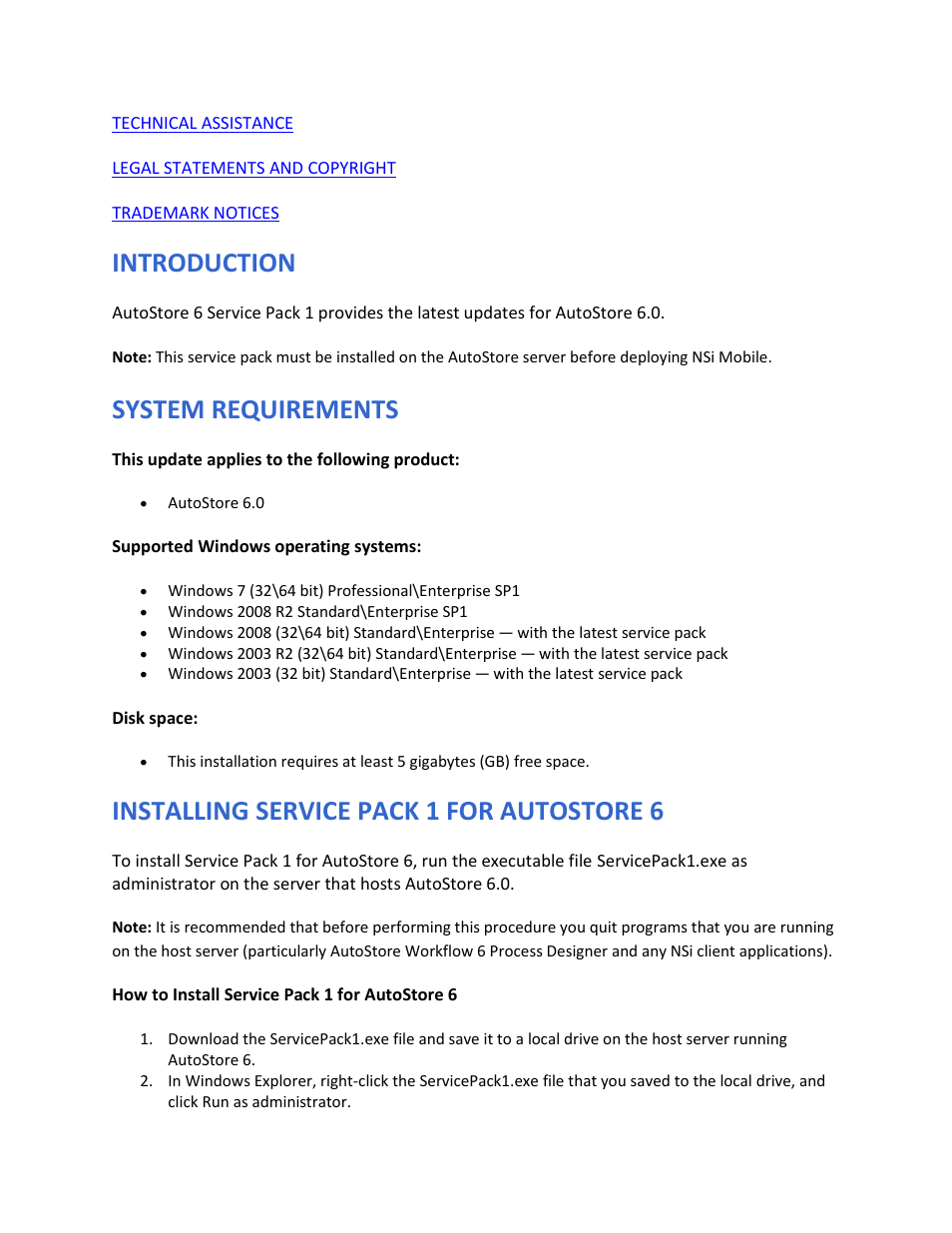 Introduction, System requirements, Installing service pack 1 for autostore 6 | Konica Minolta NSi AutoStore User Manual | Page 2 / 7