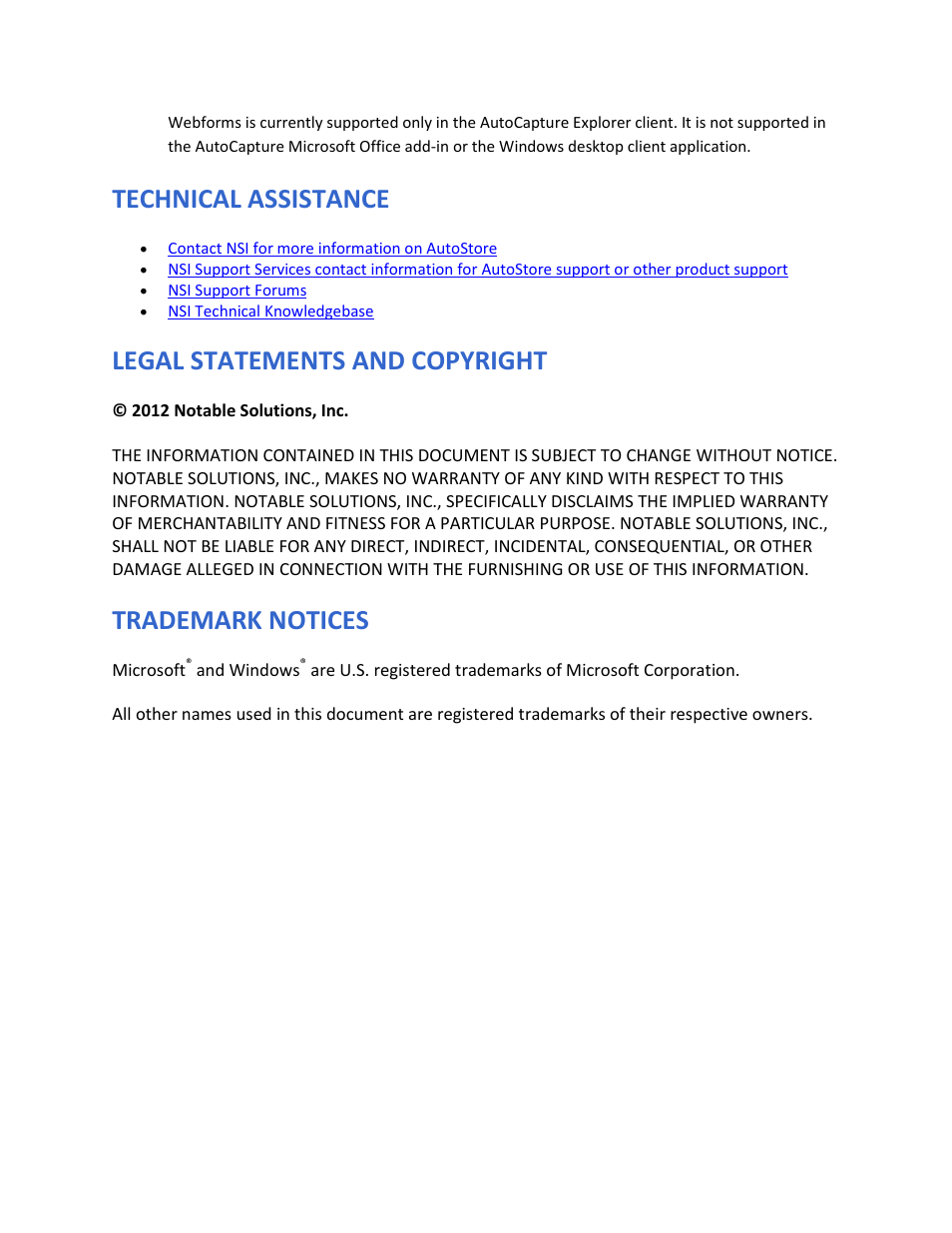 Technical assistance, Legal statements and copyright, Trademark notices | Konica Minolta NSi AutoStore User Manual | Page 7 / 7