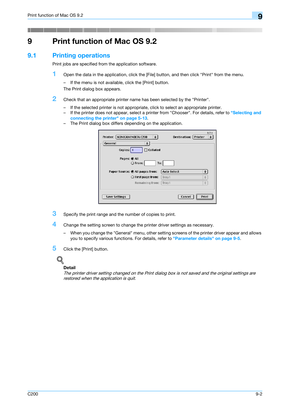 9 print function of mac os 9.2, 1 printing operations, Print function of mac os 9.2 | Printing operations -2, 9print function of mac os 9.2 | Konica Minolta bizhub C200 User Manual | Page 106 / 156