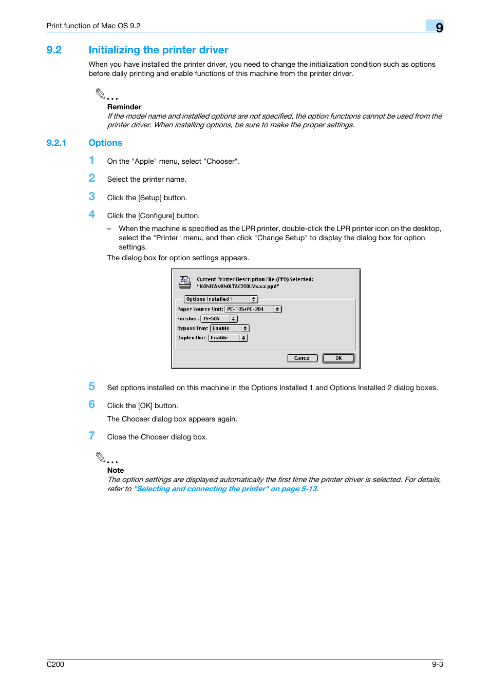 2 initializing the printer driver, 1 options, Initializing the printer driver -3 | Options -3 | Konica Minolta bizhub C200 User Manual | Page 107 / 156