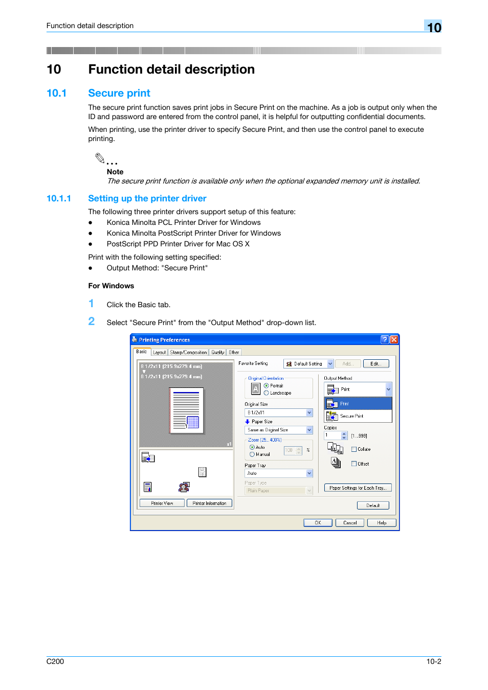 10 function detail description, 1 secure print, 1 setting up the printer driver | For windows, Secure print -2, Setting up the printer driver -2, For windows -2, Function detail description | Konica Minolta bizhub C200 User Manual | Page 113 / 156