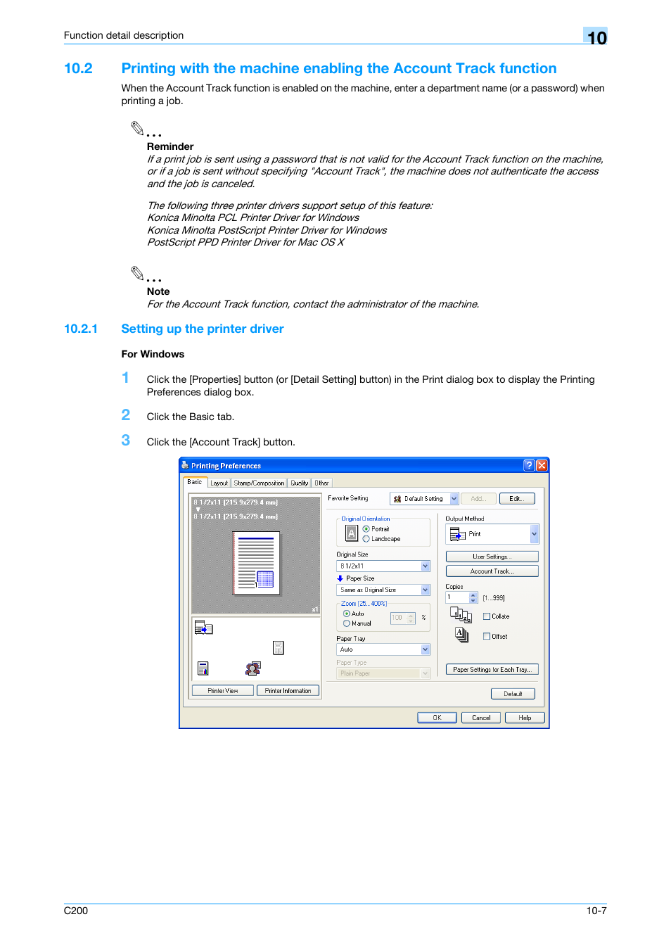 1 setting up the printer driver, For windows, Setting up the printer driver -7 for windows -7 | Konica Minolta bizhub C200 User Manual | Page 118 / 156