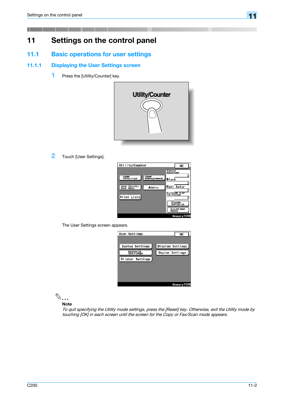 11 settings on the control panel, 1 basic operations for user settings, 1 displaying the user settings screen | Basic operations for user settings -2, Displaying the user settings screen -2, Settings on the control panel | Konica Minolta bizhub C200 User Manual | Page 122 / 156