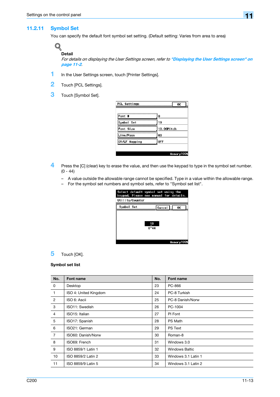 11 symbol set, Symbol set list, Symbol set -13 symbol set list -13 | Konica Minolta bizhub C200 User Manual | Page 133 / 156