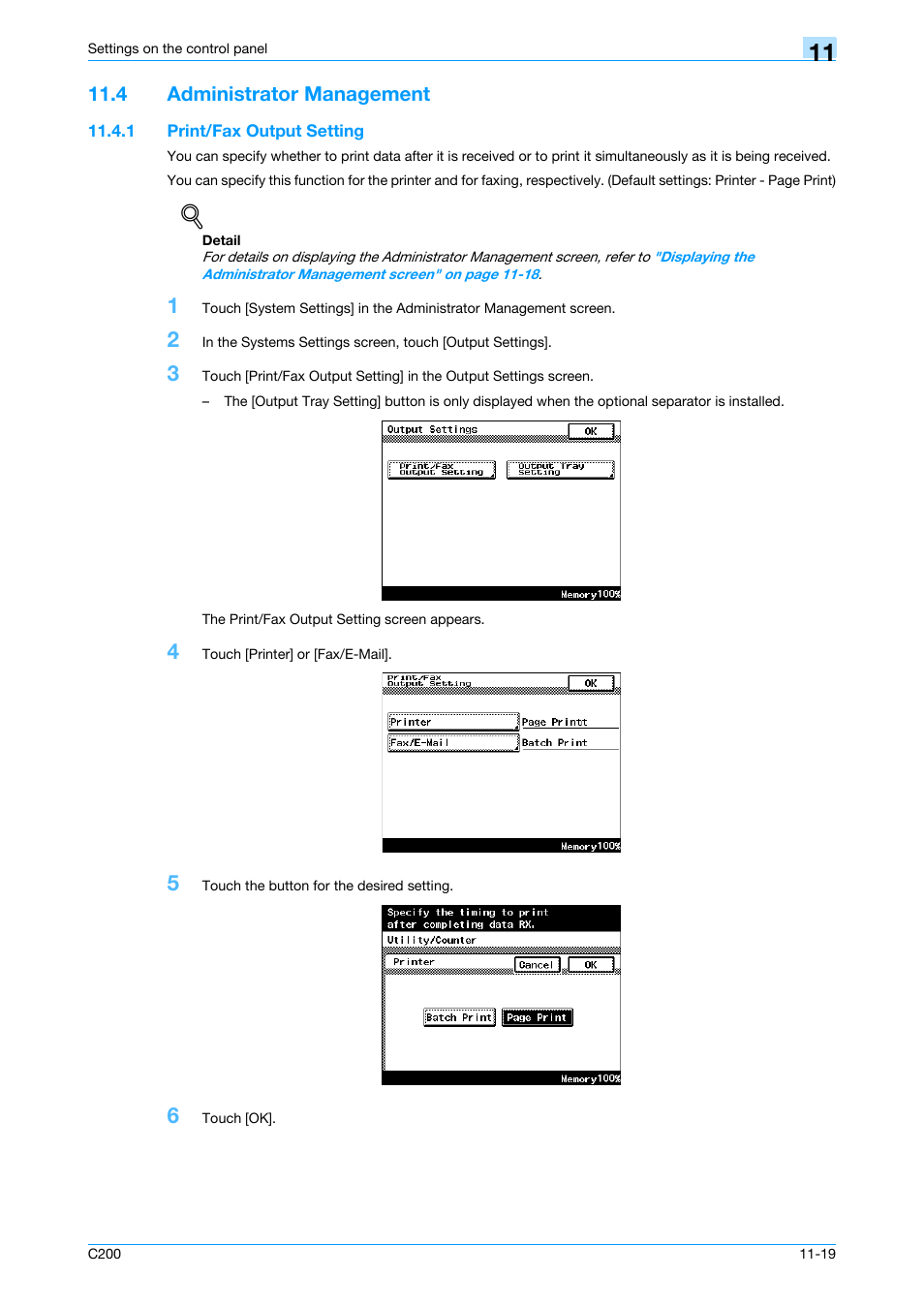 4 administrator management, 1 print/fax output setting, Administrator management -19 | Print/fax output setting -19 | Konica Minolta bizhub C200 User Manual | Page 139 / 156