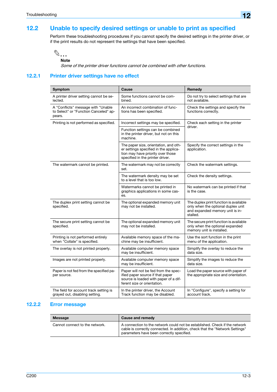 1 printer driver settings have no effect, 2 error message, Printer driver settings have no effect -3 | Error message -3 | Konica Minolta bizhub C200 User Manual | Page 145 / 156