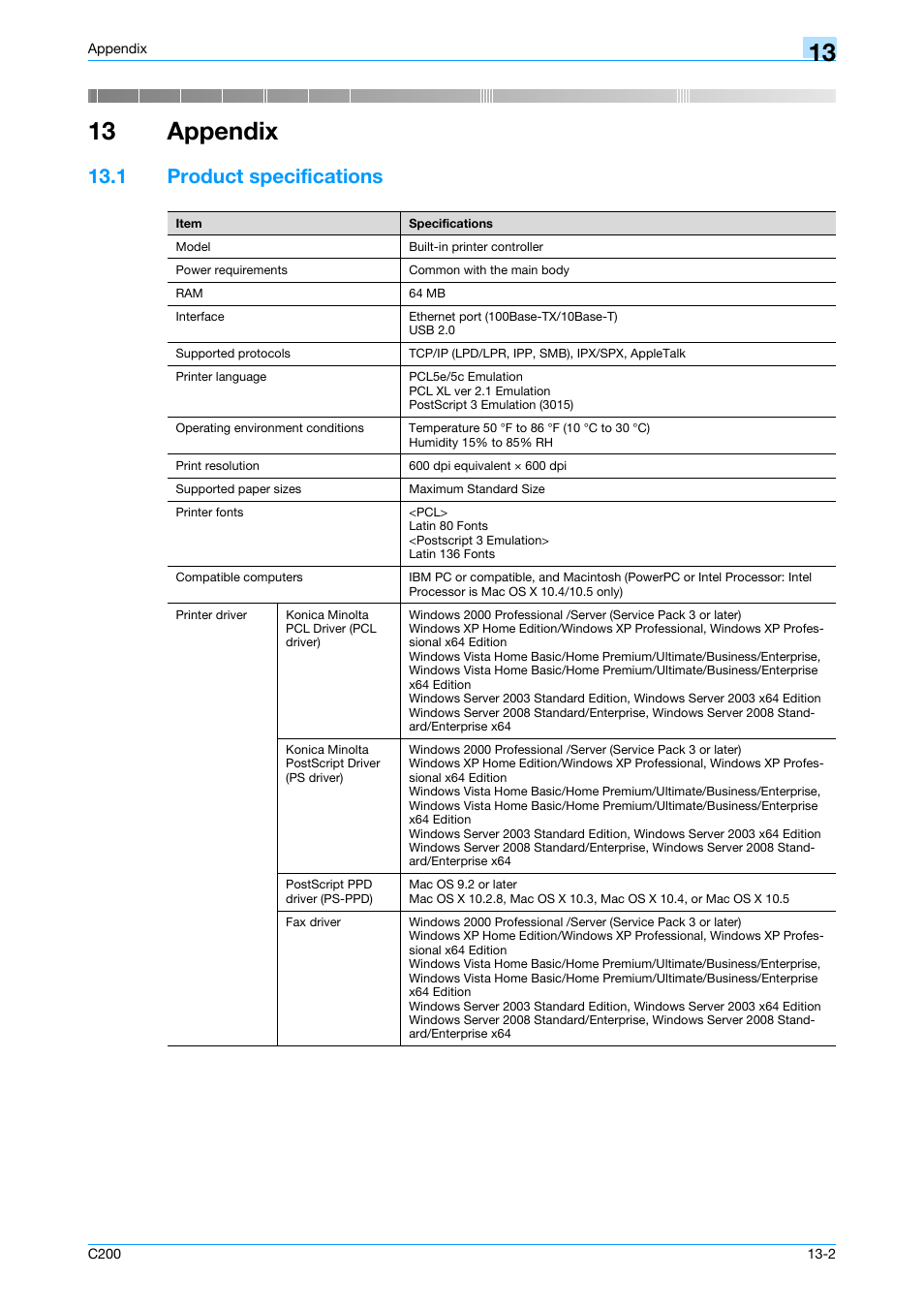 13 appendix, 1 product specifications, Product specifications -2 | Appendix | Konica Minolta bizhub C200 User Manual | Page 147 / 156