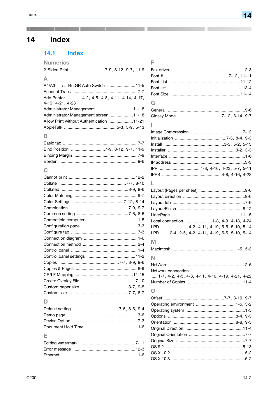 14 index, 1 index, A to o | Index | Konica Minolta bizhub C200 User Manual | Page 154 / 156