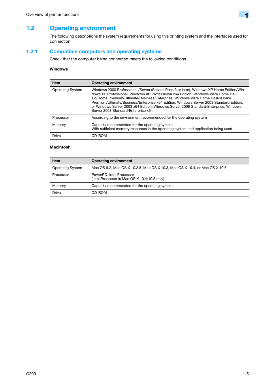 2 operating environment, 1 compatible computers and operating systems, Windows | Macintosh, Operating environment -5 | Konica Minolta bizhub C200 User Manual | Page 16 / 156