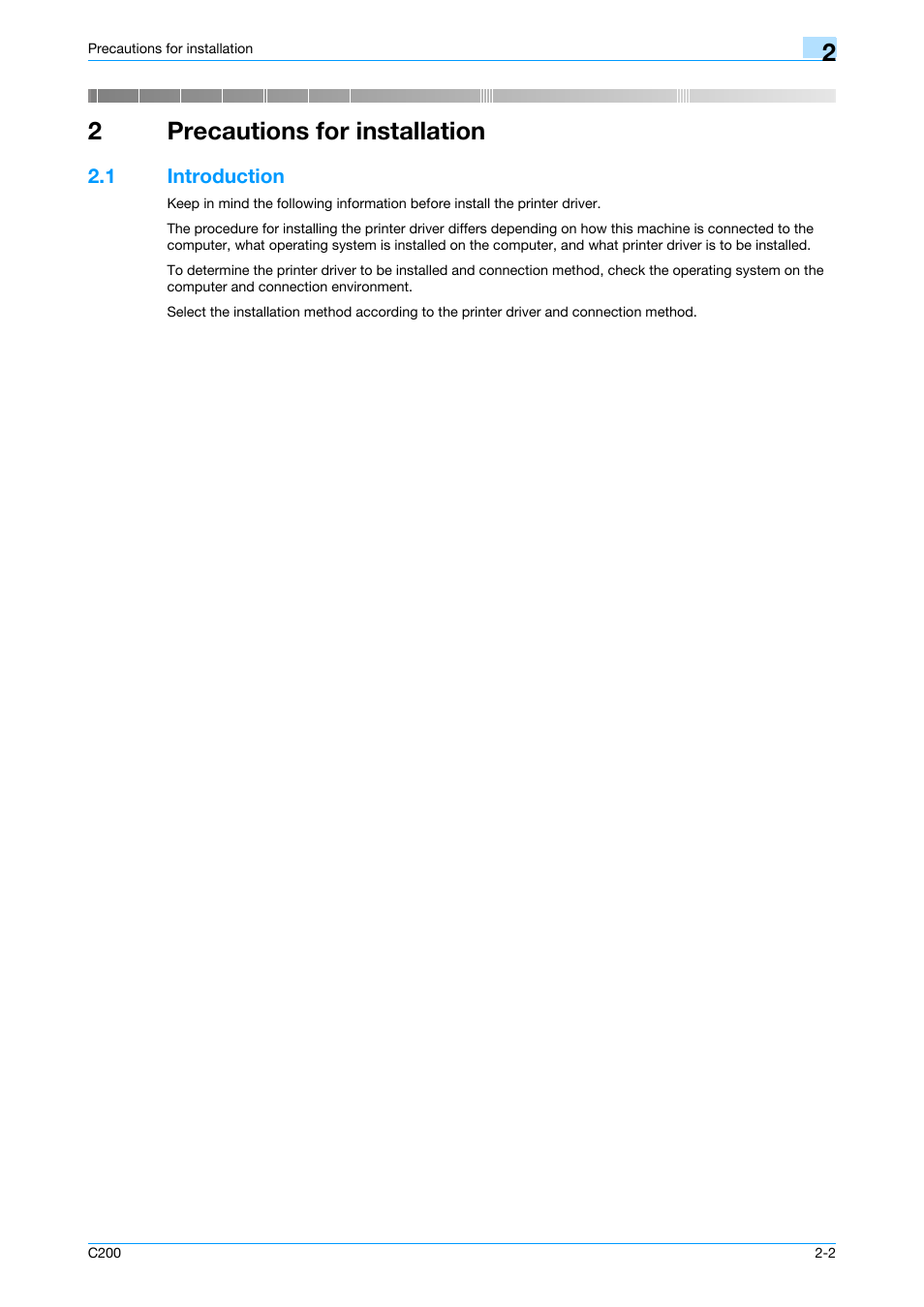 2 precautions for installation, 1 introduction, Precautions for installation | Introduction -2, Precautions for installation" on, 2precautions for installation | Konica Minolta bizhub C200 User Manual | Page 22 / 156