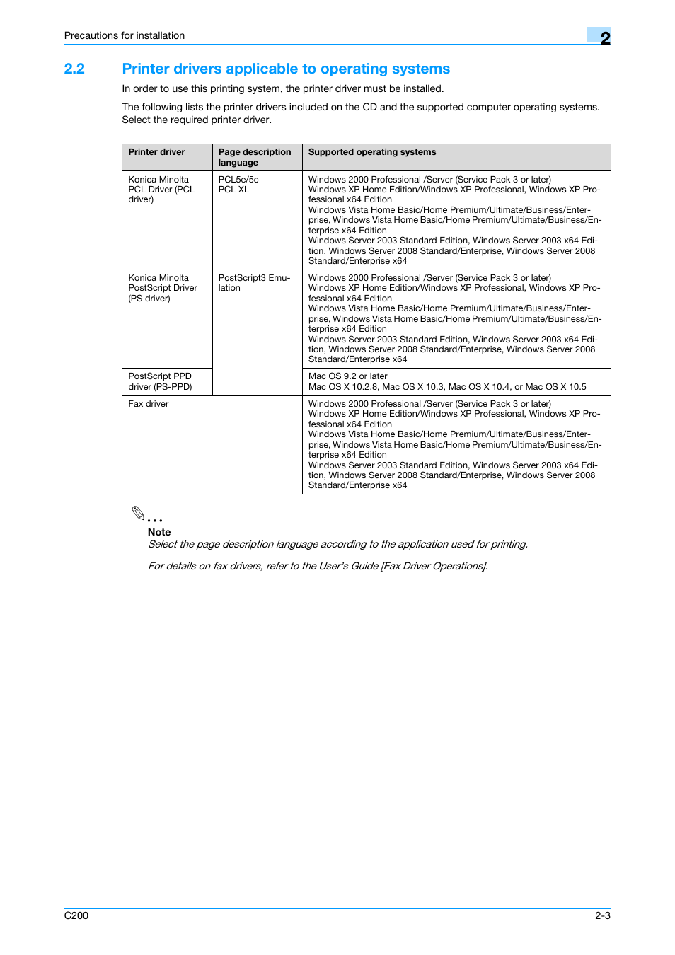 2 printer drivers applicable to operating systems, Printer drivers applicable to operating systems -3 | Konica Minolta bizhub C200 User Manual | Page 23 / 156