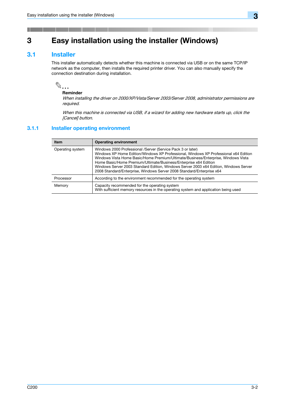 3 easy installation using the installer (windows), 1 installer, 1 installer operating environment | Easy installation using the installer (windows), Installer -2, Installer operating environment -2, 3easy installation using the installer (windows) | Konica Minolta bizhub C200 User Manual | Page 28 / 156