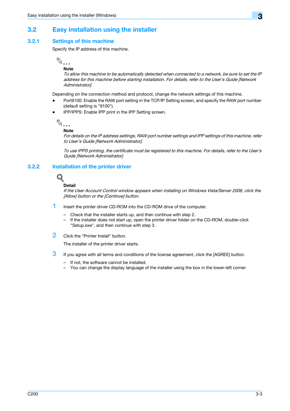 2 easy installation using the installer, 1 settings of this machine, 2 installation of the printer driver | Easy installation using the installer -3, Settings of this machine -3, Installation of the printer driver -3 | Konica Minolta bizhub C200 User Manual | Page 29 / 156