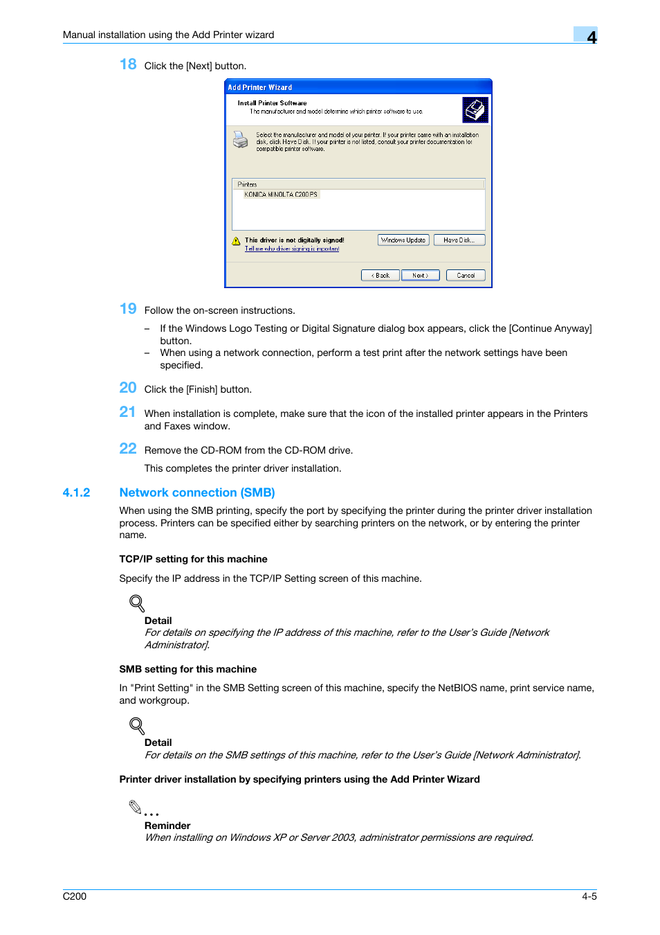 2 network connection (smb), Tcp/ip setting for this machine, Smb setting for this machine | Konica Minolta bizhub C200 User Manual | Page 37 / 156