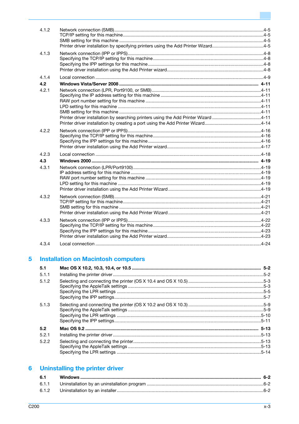 5installation on macintosh computers, 6uninstalling the printer driver | Konica Minolta bizhub C200 User Manual | Page 4 / 156