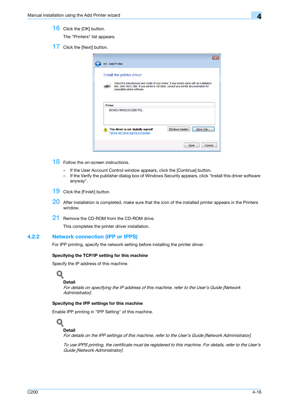 2 network connection (ipp or ipps), Specifying the tcp/ip setting for this machine, Specifying the ipp settings for this machine | Konica Minolta bizhub C200 User Manual | Page 48 / 156