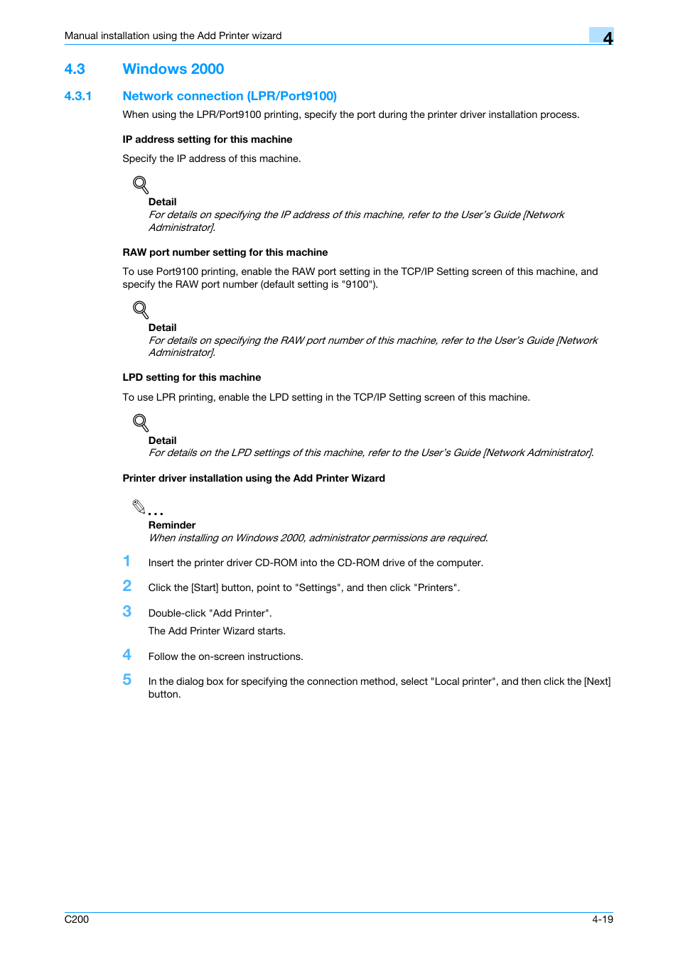 3 windows 2000, 1 network connection (lpr/port9100), Ip address setting for this machine | Raw port number setting for this machine, Lpd setting for this machine, Windows 2000 -19 | Konica Minolta bizhub C200 User Manual | Page 51 / 156