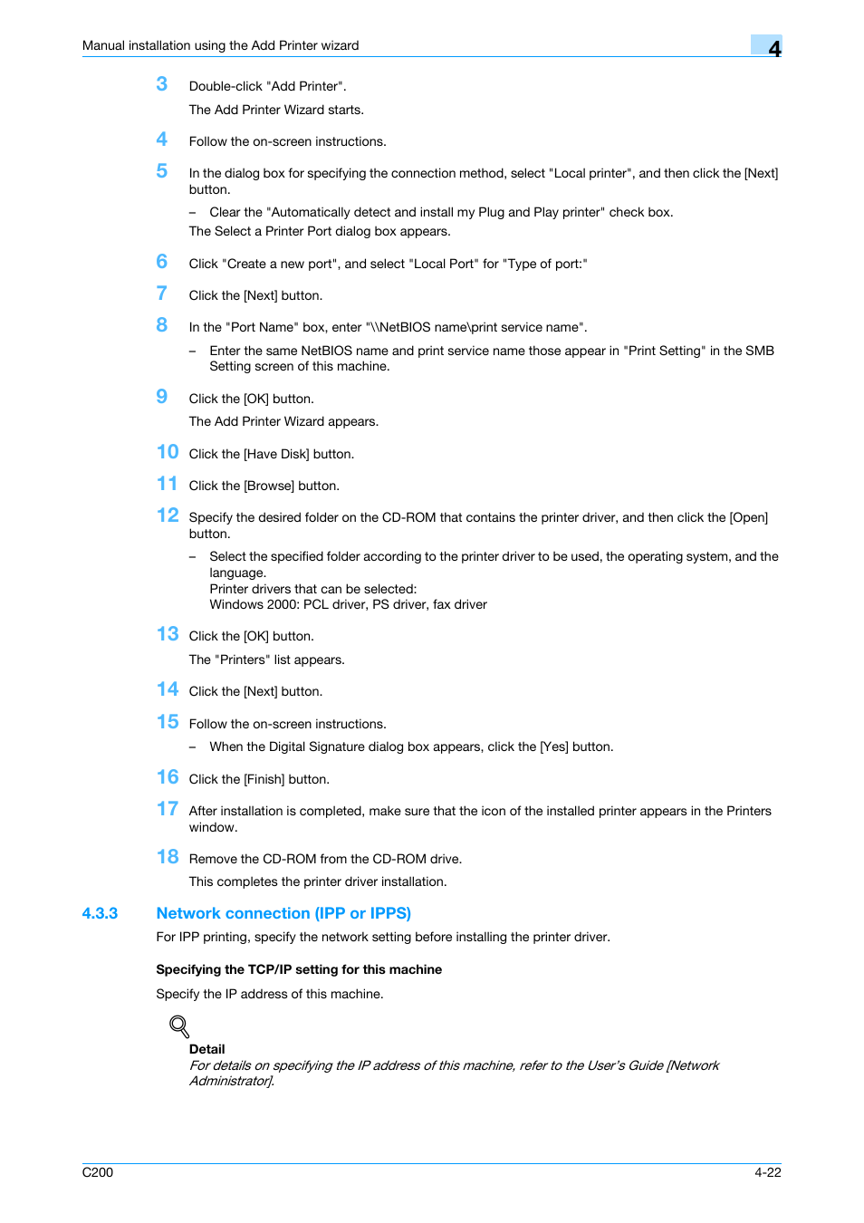 3 network connection (ipp or ipps), Specifying the tcp/ip setting for this machine | Konica Minolta bizhub C200 User Manual | Page 54 / 156