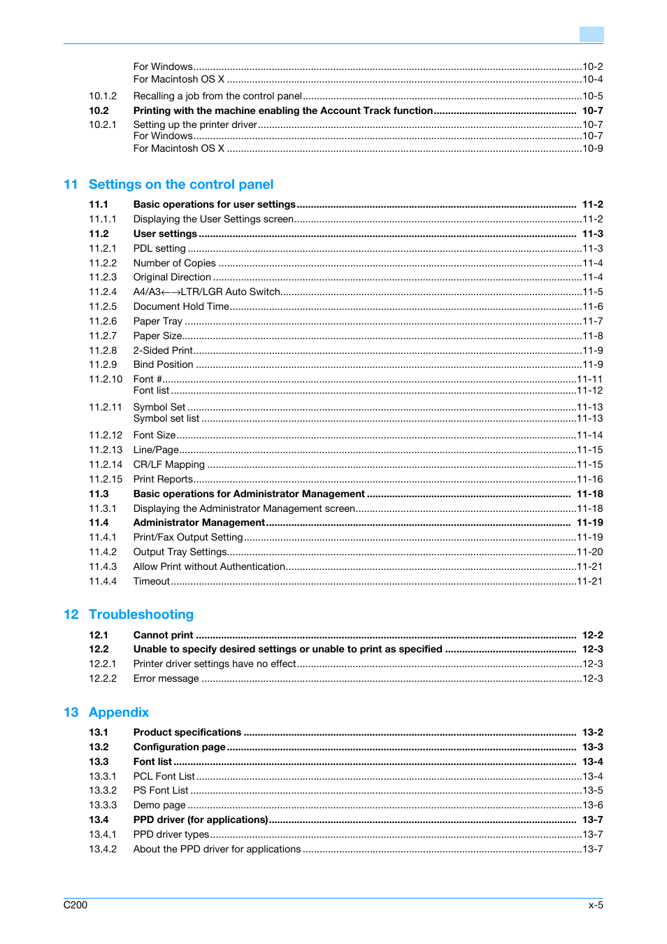 11 settings on the control panel, 12 troubleshooting, 13 appendix | Konica Minolta bizhub C200 User Manual | Page 6 / 156