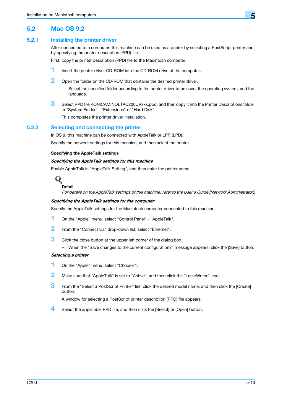 2 mac os 9.2, 1 installing the printer driver, 2 selecting and connecting the printer | Specifying the appletalk settings, Mac os 9.2 -13, Installing the printer driver -13 | Konica Minolta bizhub C200 User Manual | Page 69 / 156