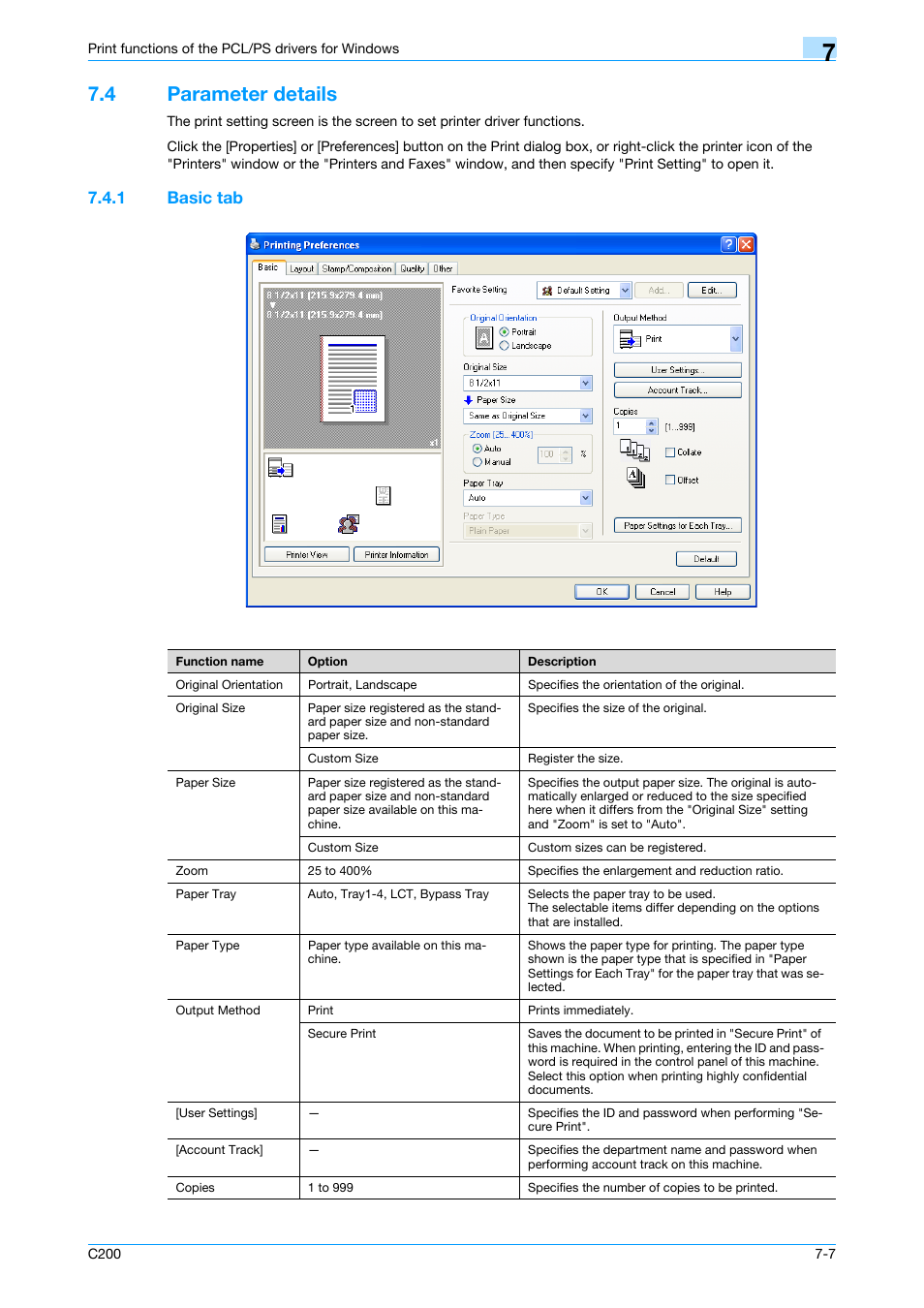 4 parameter details, 1 basic tab, Parameter details -7 | Basic tab -7, Parameter details" on | Konica Minolta bizhub C200 User Manual | Page 83 / 156