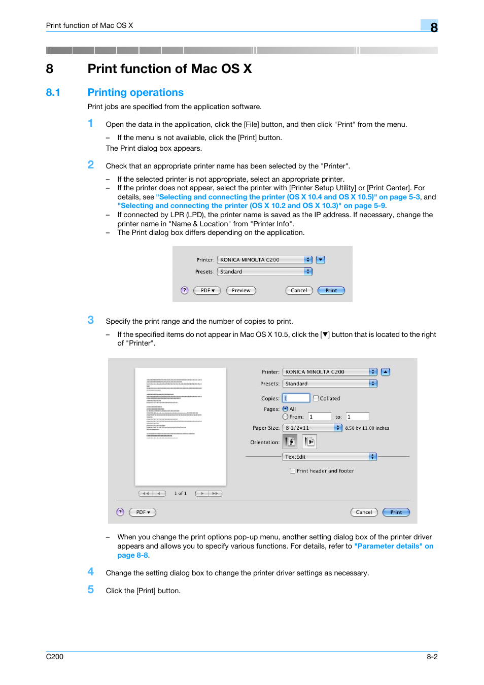 8 print function of mac os x, 1 printing operations, Print function of mac os x | Printing operations -2, 8print function of mac os x | Konica Minolta bizhub C200 User Manual | Page 92 / 156