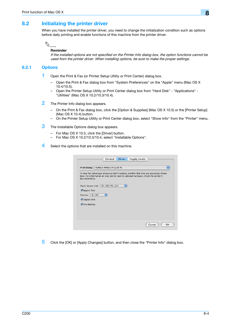 2 initializing the printer driver, 1 options, Initializing the printer driver -4 | Options -4 | Konica Minolta bizhub C200 User Manual | Page 94 / 156