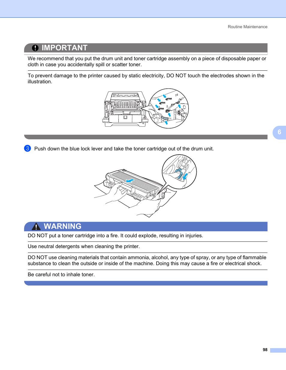 Important, Warning, Use neutral detergents when cleaning the printer | Be careful not to inhale toner | Konica Minolta bizhub 20P User Manual | Page 108 / 161