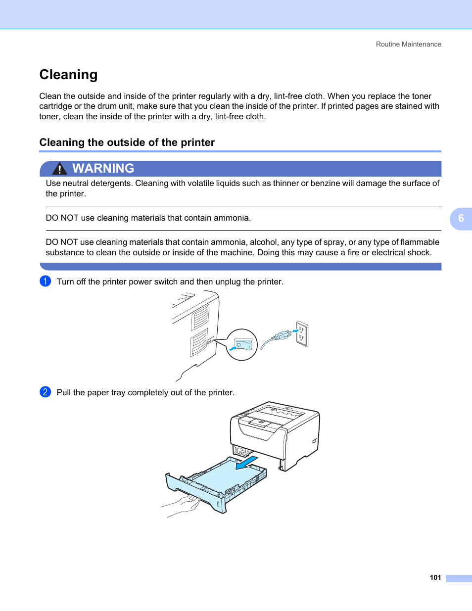 Cleaning, Cleaning the outside of the printer, Warning | Konica Minolta bizhub 20P User Manual | Page 111 / 161