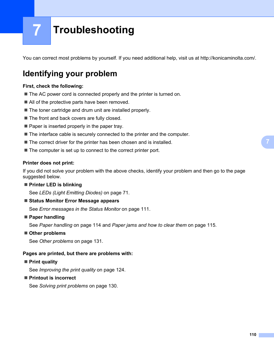 7 troubleshooting, Identifying your problem, Troubleshooting | Konica Minolta bizhub 20P User Manual | Page 120 / 161