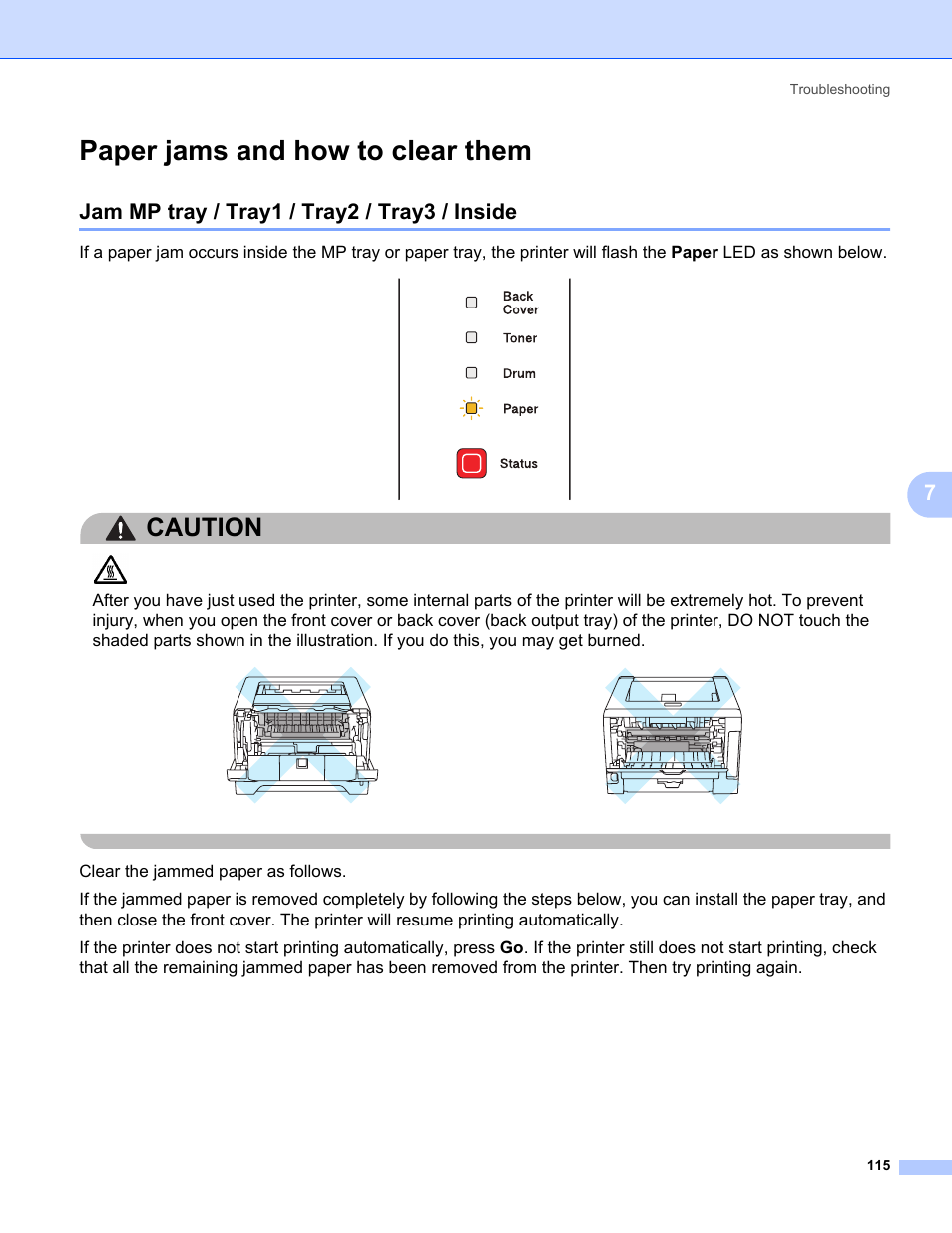 Paper jams and how to clear them, Jam mp tray / tray1 / tray2 / tray3 / inside, Caution | Konica Minolta bizhub 20P User Manual | Page 125 / 161