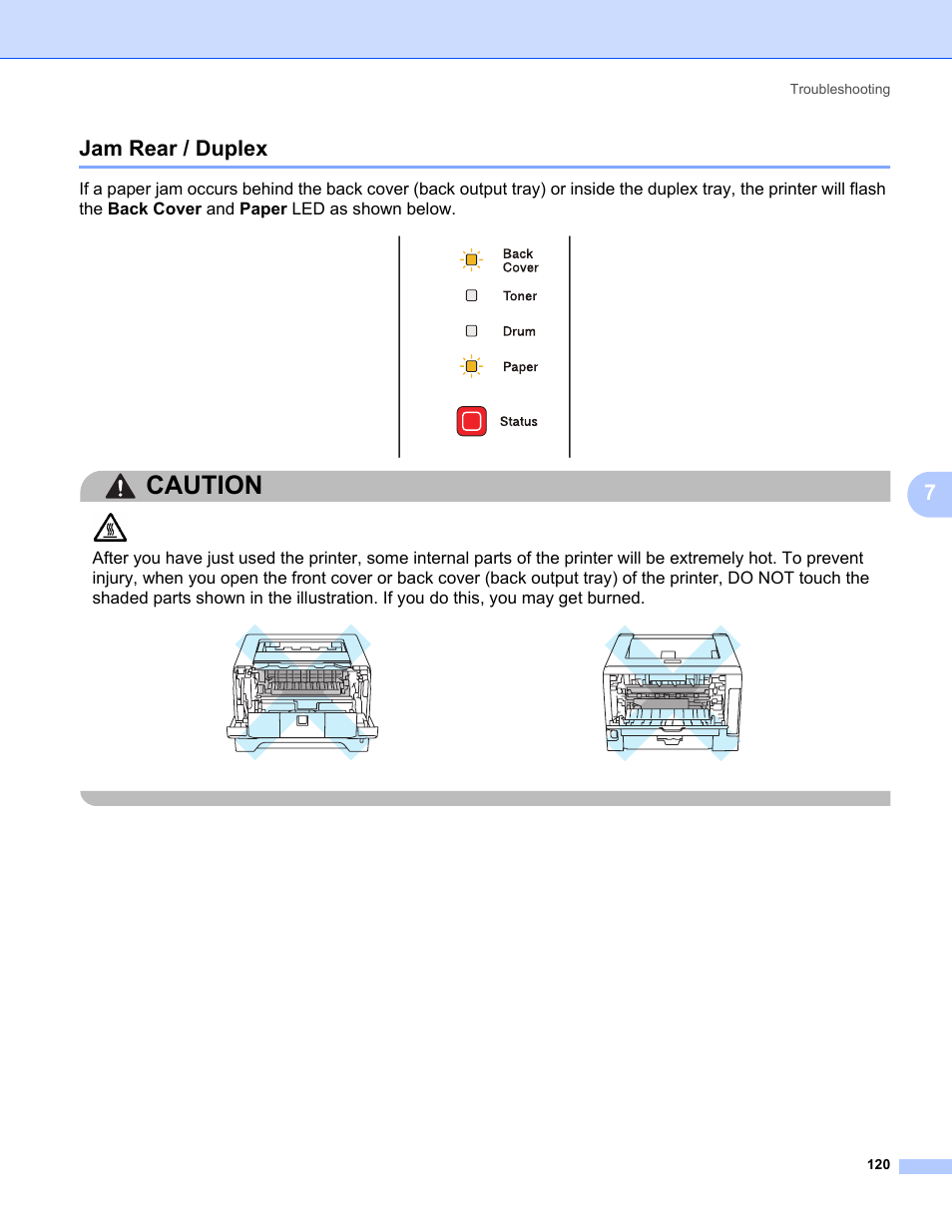 Jam rear / duplex, Caution, 7jam rear / duplex | Konica Minolta bizhub 20P User Manual | Page 130 / 161