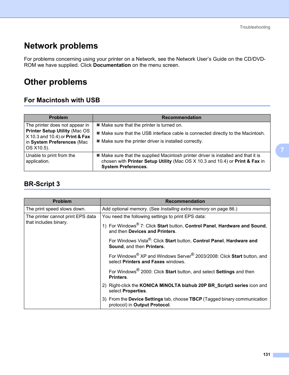 Network problems, Other problems, For macintosh with usb | Br-script 3, Network problems other problems, For macintosh with usb br-script 3 | Konica Minolta bizhub 20P User Manual | Page 141 / 161