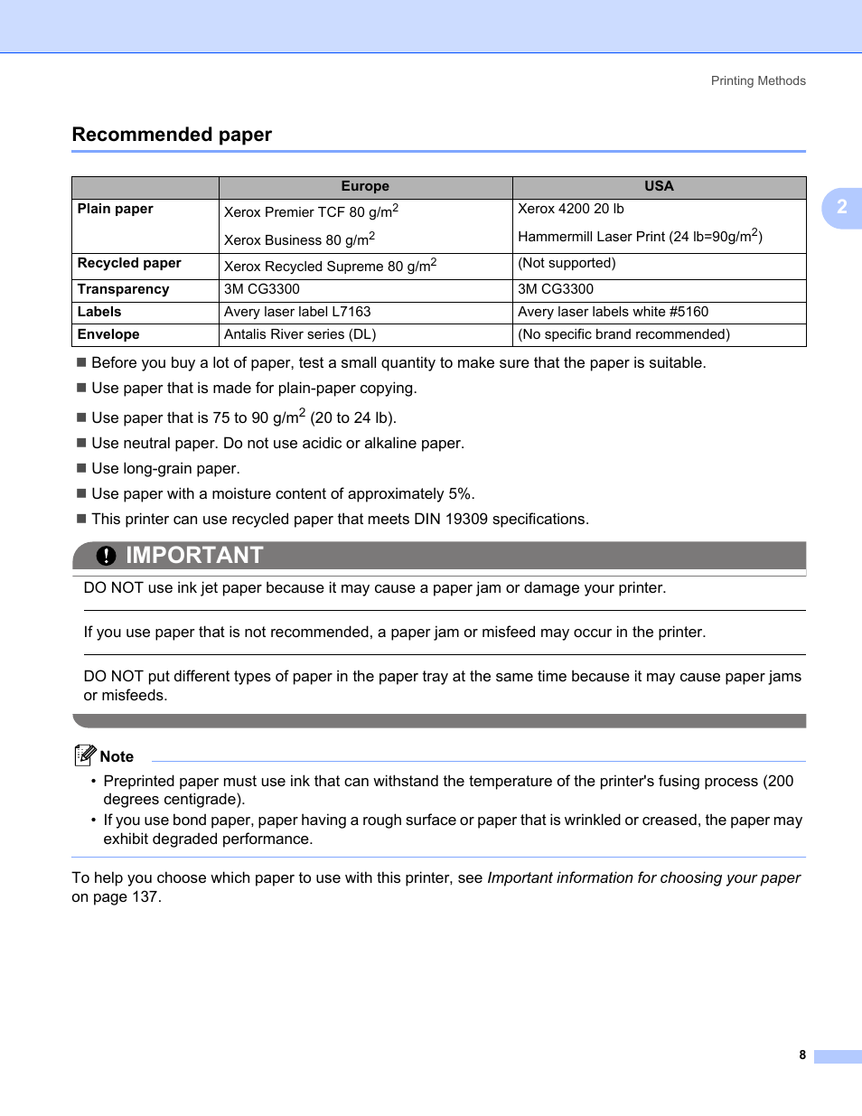 Recommended paper, Important, 2recommended paper | Konica Minolta bizhub 20P User Manual | Page 18 / 161