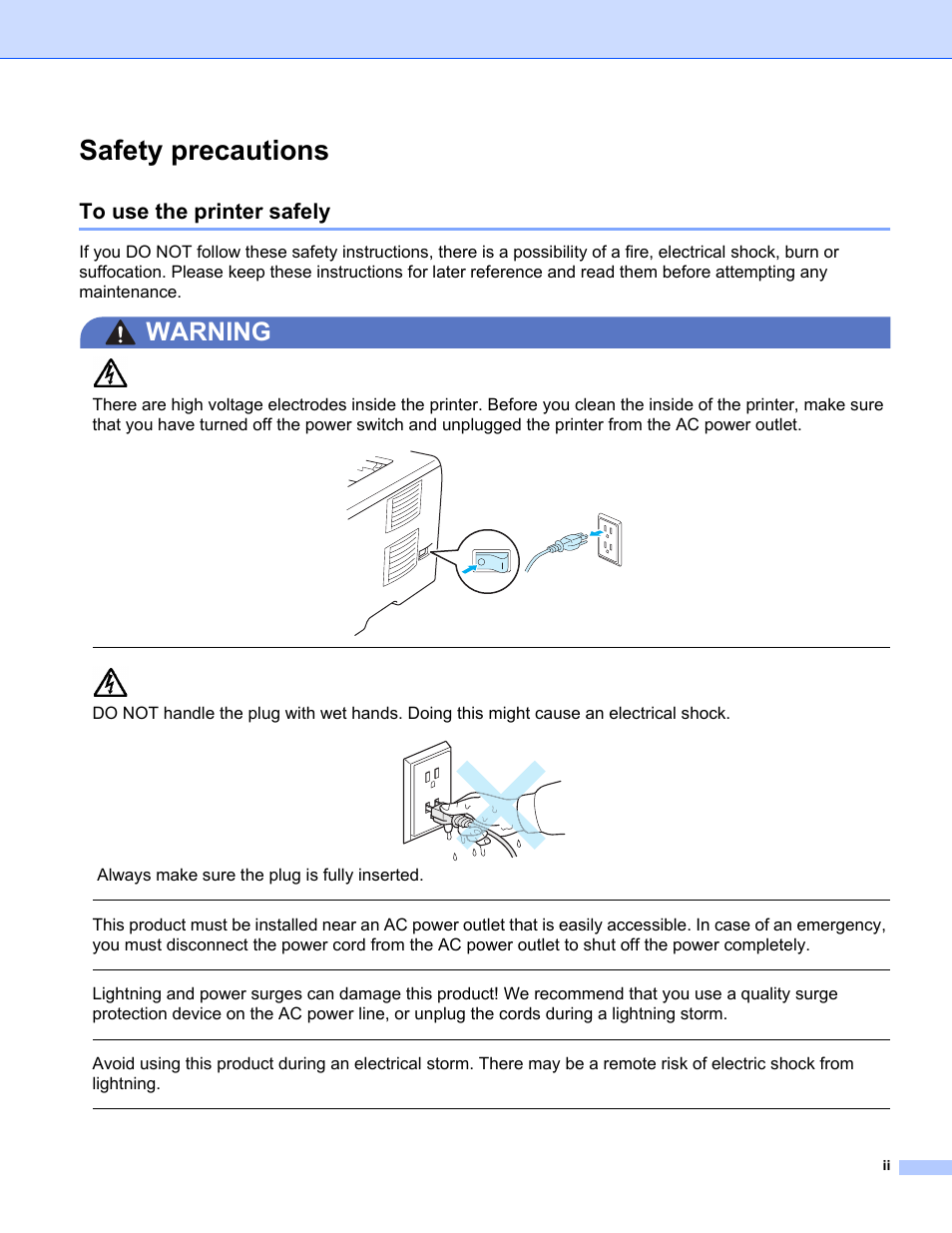 Safety precautions, To use the printer safely, Warning | Konica Minolta bizhub 20P User Manual | Page 3 / 161