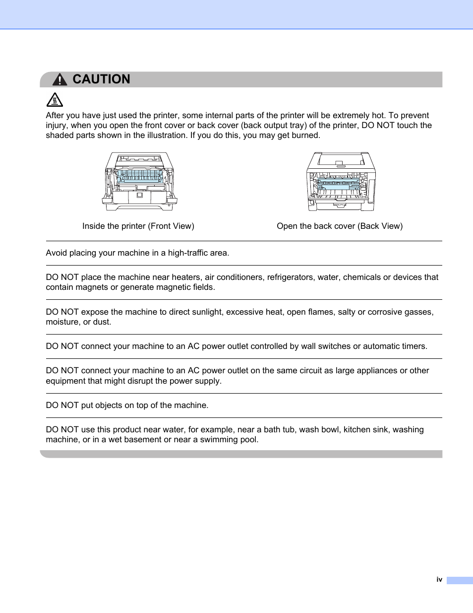 Caution, Avoid placing your machine in a high-traffic area, Do not put objects on top of the machine | Konica Minolta bizhub 20P User Manual | Page 5 / 161