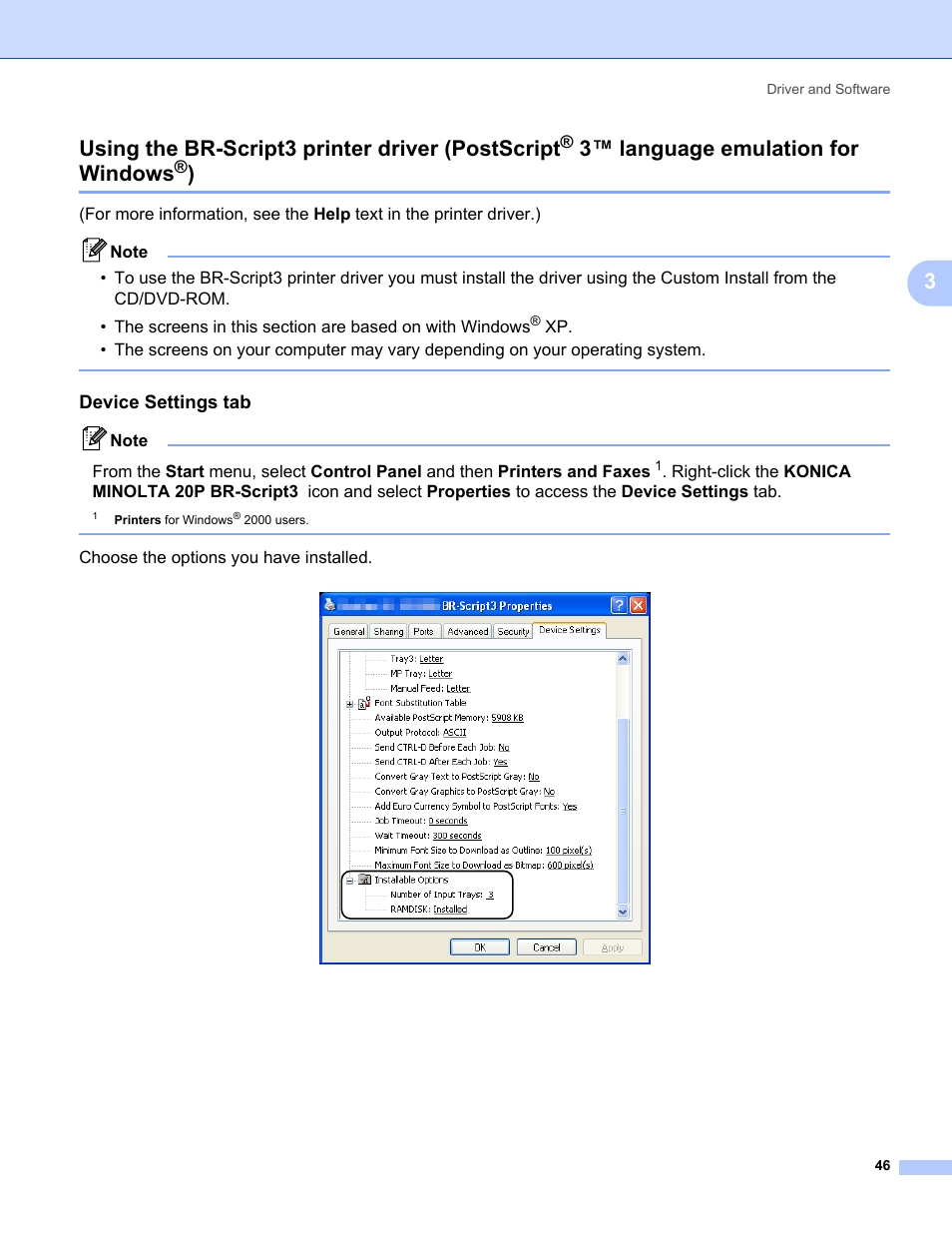 Using the br-script3 printer driver (postscript, 3™ language emulation for windows, 3using the br-script3 printer driver (postscript | Device settings tab | Konica Minolta bizhub 20P User Manual | Page 56 / 161