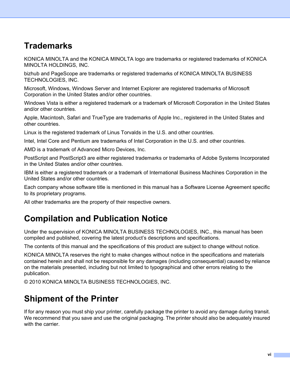 Trademarks, Compilation and publication notice, Shipment of the printer | Konica Minolta bizhub 20P User Manual | Page 7 / 161