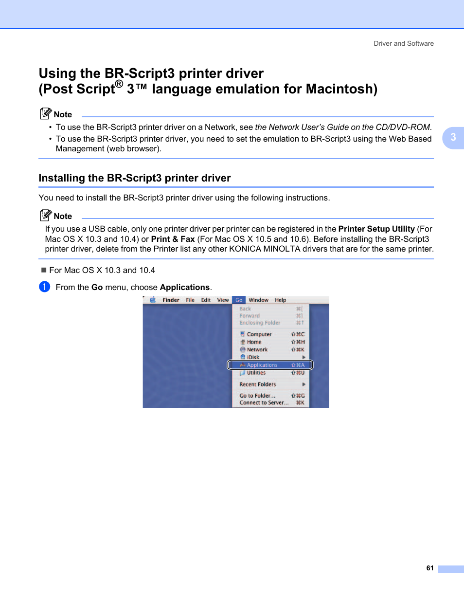 Installing the br-script3 printer driver, Using the br-script3 printer driver (post script, 3™ language emulation for macintosh) | Konica Minolta bizhub 20P User Manual | Page 71 / 161