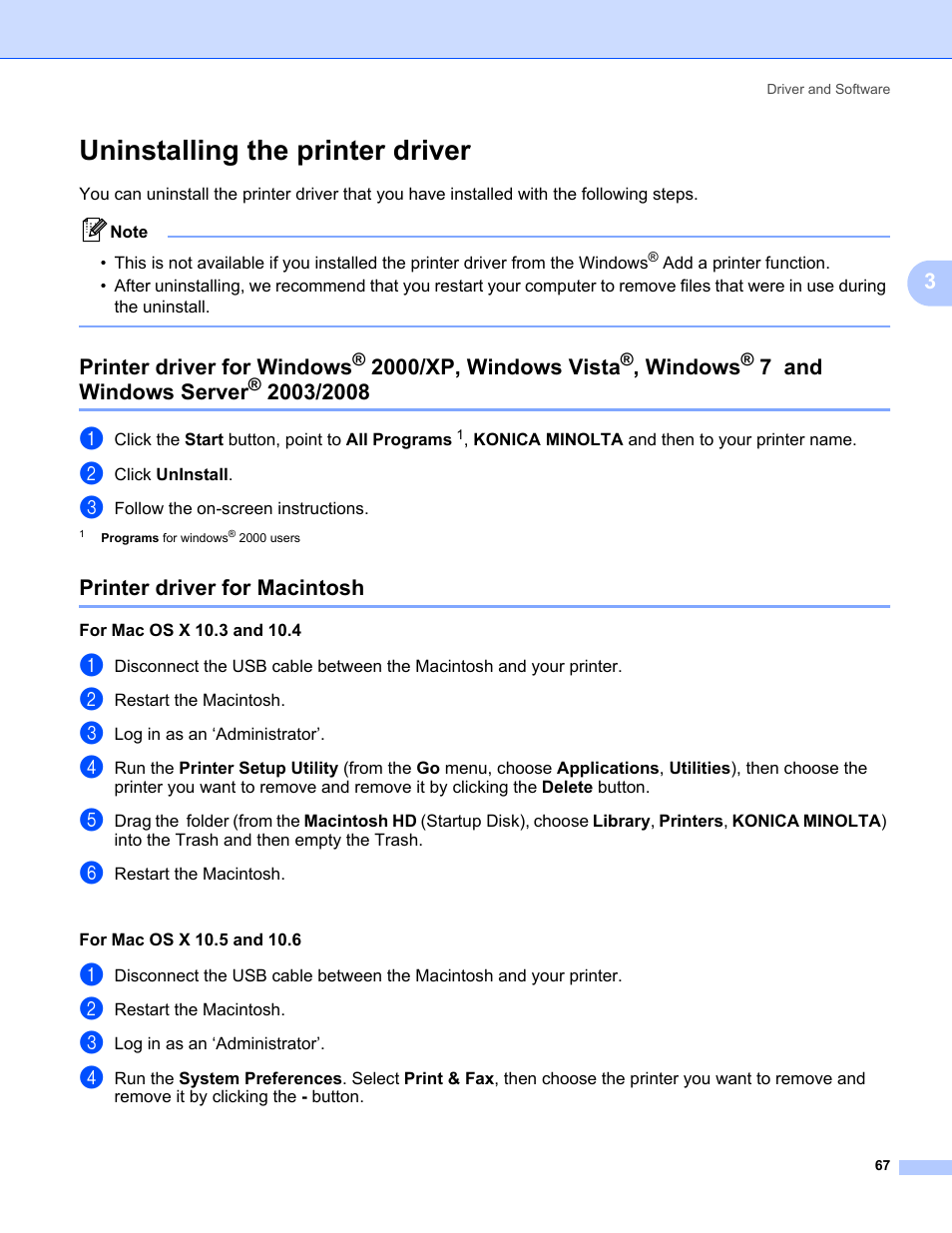 Uninstalling the printer driver, Printer driver for macintosh, Printer driver for windows | 2000/xp, windows vista, Windows, 7 and windows, Server, 7 and windows server | Konica Minolta bizhub 20P User Manual | Page 77 / 161