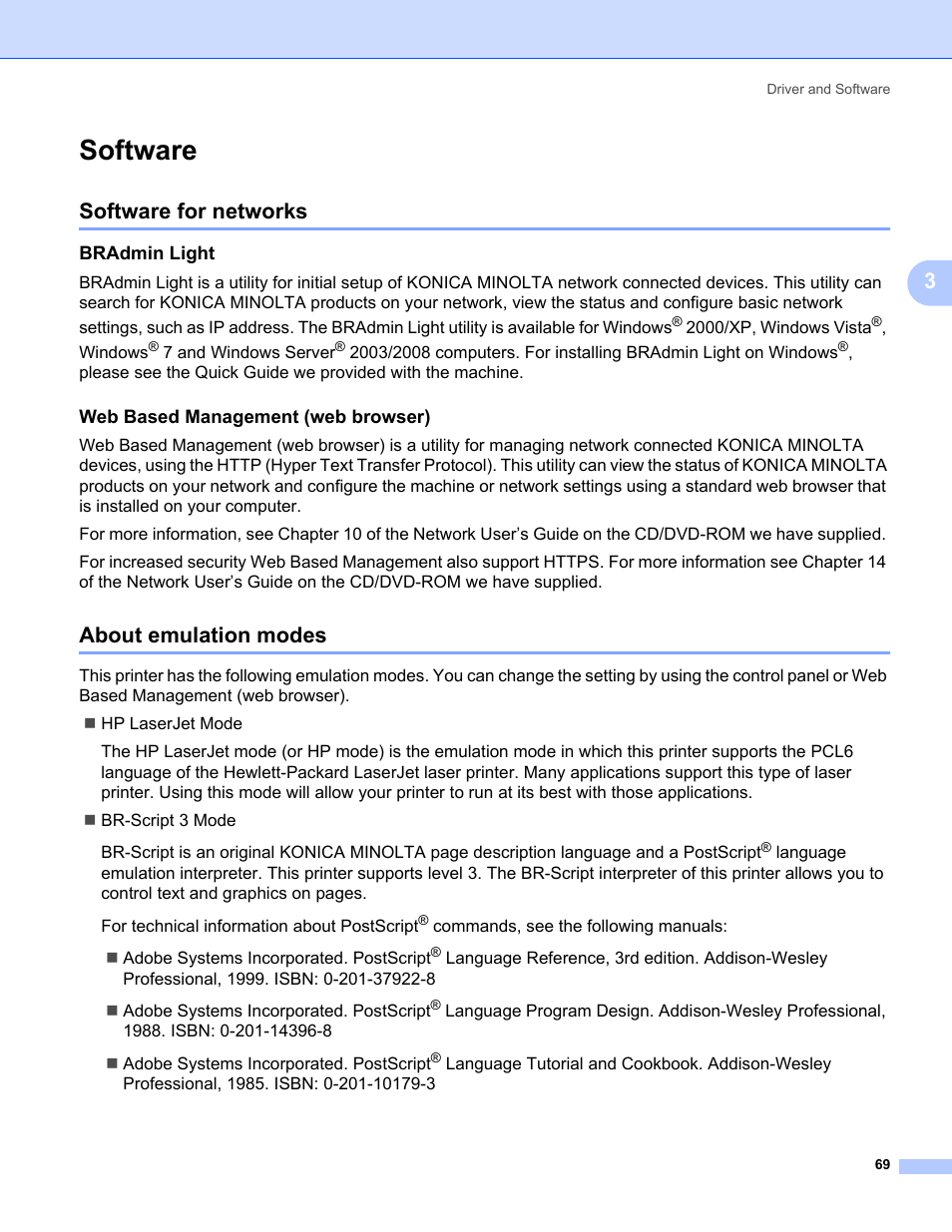 Software, Software for networks, About emulation modes | Software for networks about emulation modes | Konica Minolta bizhub 20P User Manual | Page 79 / 161