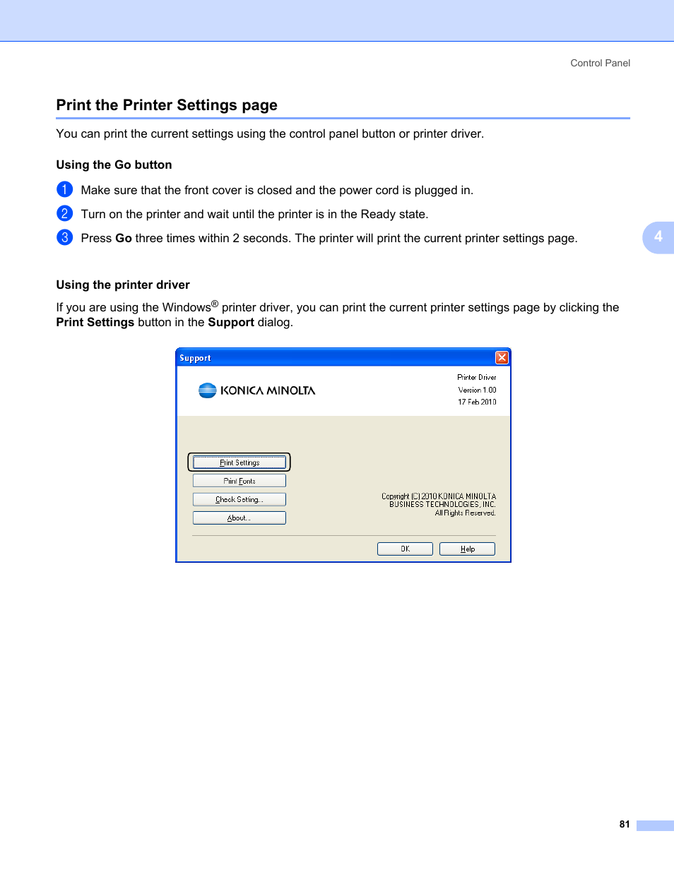 4print the printer settings page | Konica Minolta bizhub 20P User Manual | Page 91 / 161