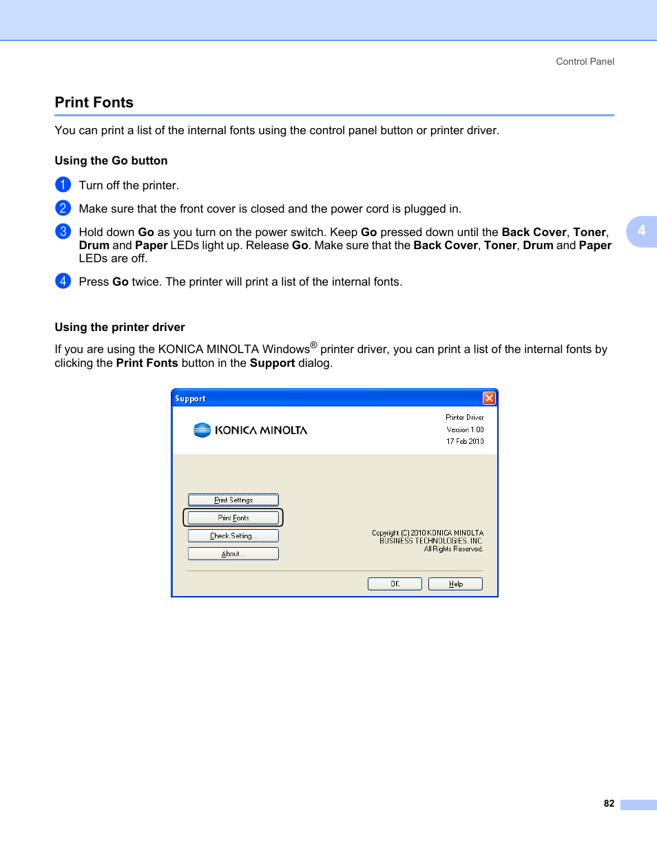 Print fonts, 4print fonts | Konica Minolta bizhub 20P User Manual | Page 92 / 161