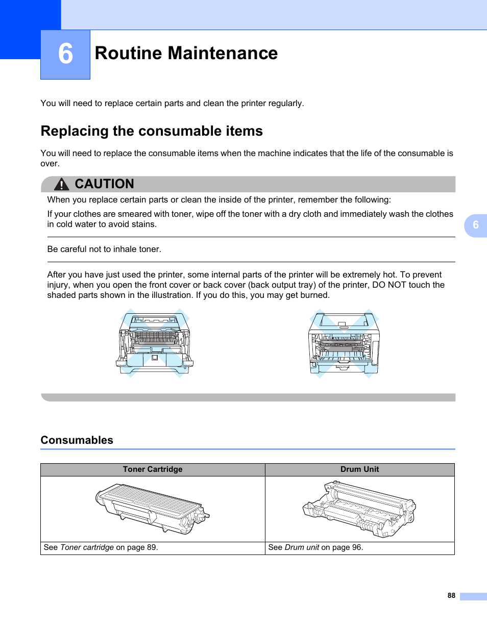 6 routine maintenance, Replacing the consumable items, Consumables | Routine maintenance, Caution | Konica Minolta bizhub 20P User Manual | Page 98 / 161