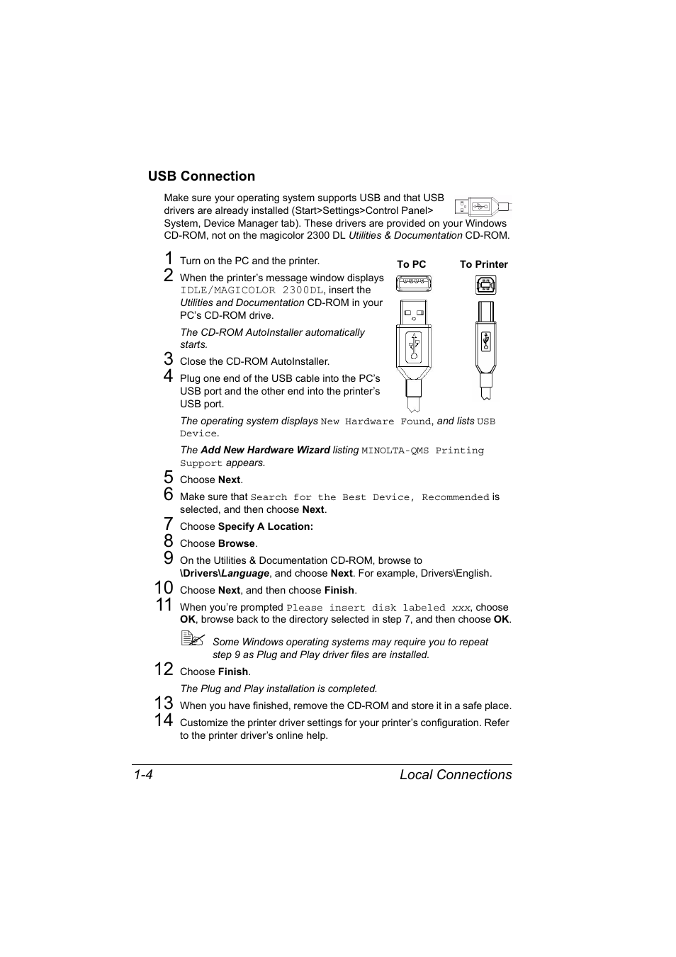Usb connection, Usb connection 1-4 | Konica Minolta MAGICOLOR 2300 User Manual | Page 10 / 72