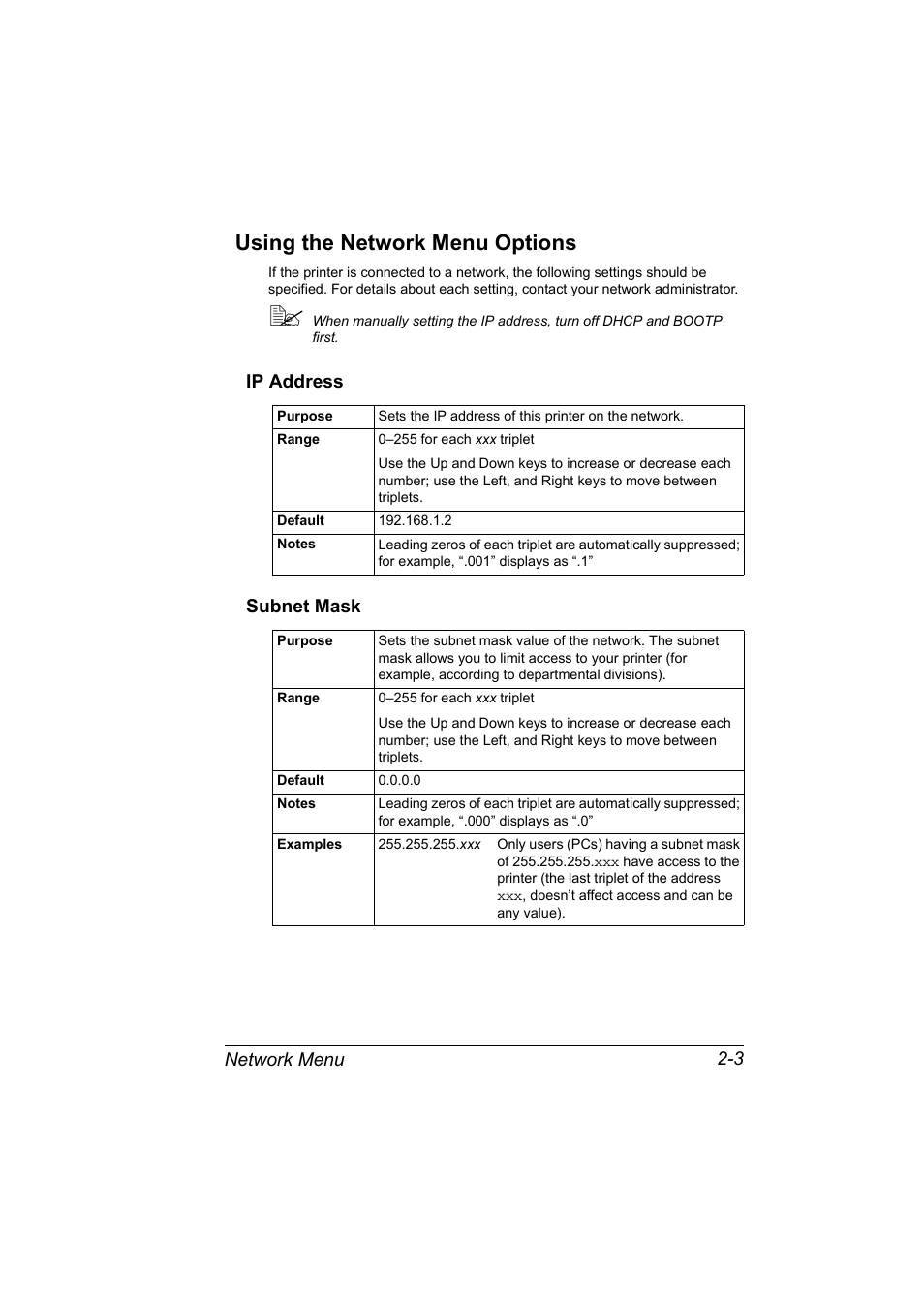 Using the network menu options, Ip address, Subnet mask | Using the network menu options 2-3, Ip address 2-3 subnet mask 2-3, Network menu 2-3, Ip address subnet mask | Konica Minolta MAGICOLOR 2300 User Manual | Page 19 / 72