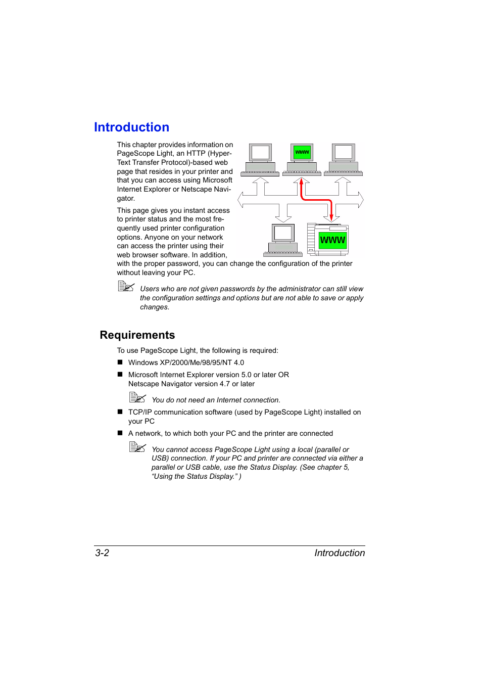 Introduction, Requirements, Introduction 3-2 requirements 3-2 | Konica Minolta MAGICOLOR 2300 User Manual | Page 24 / 72