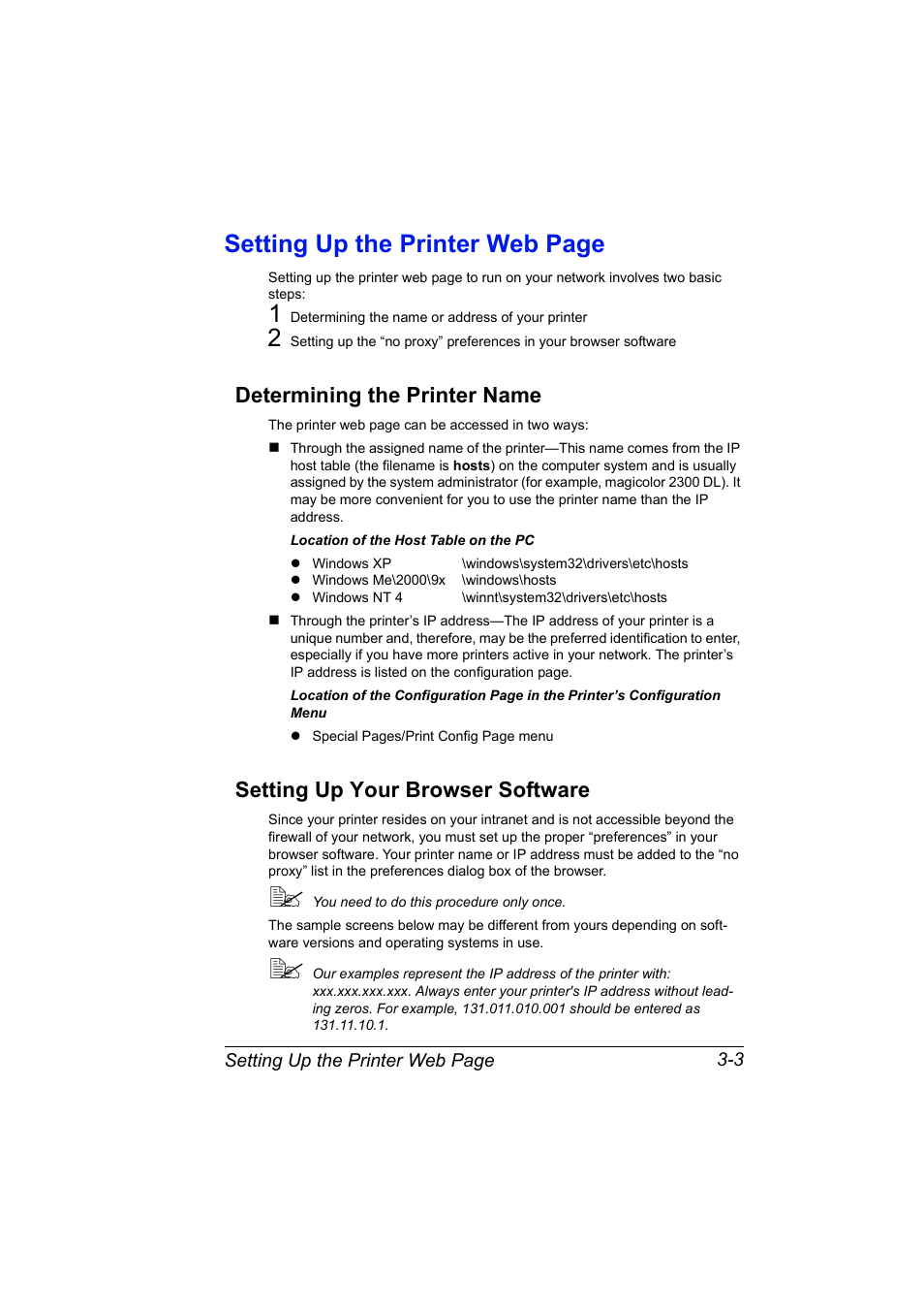 Determining the printer name, Setting up your browser software, Setting up the printer web page | Konica Minolta MAGICOLOR 2300 User Manual | Page 25 / 72